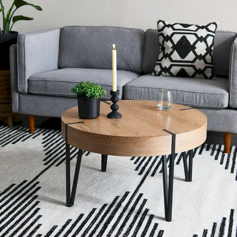 Black & Natural Round Side Table with Black Metal Legs