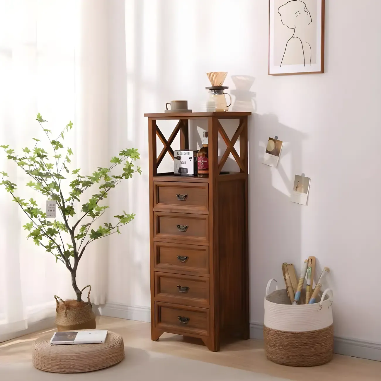 Industrial Rectangular Brown Wooden Drawer Cabinet