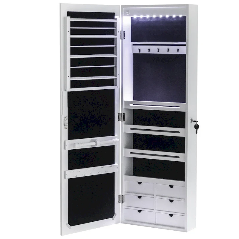 6-Drawers Wooden Wall Hanging White Jewelry Armoire Cabinet - N/A