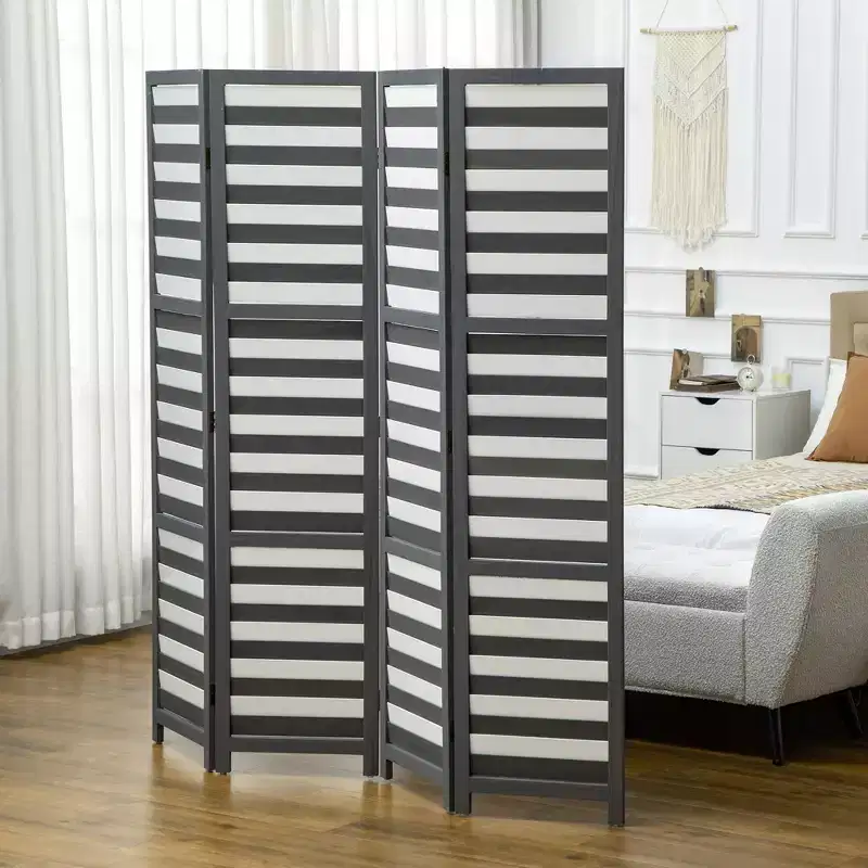 HOMCOM 5.6' 4 Panel Room Divider Folding Privacy Screen Panel, Louvred Freestanding Privacy Divider, White / Grey