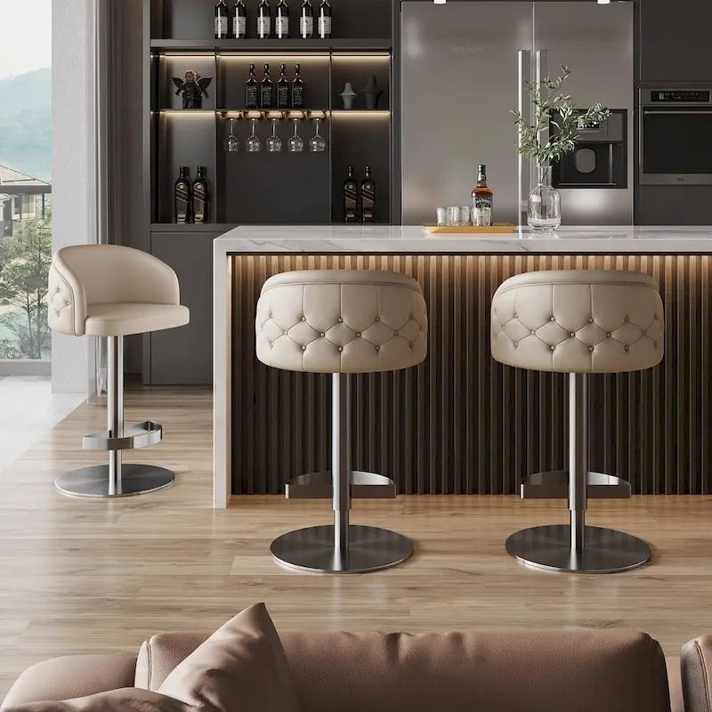 Gold/Black & Khaki PU Bar Stool, Tufted Swivel, Adjustable Height, Single Seat