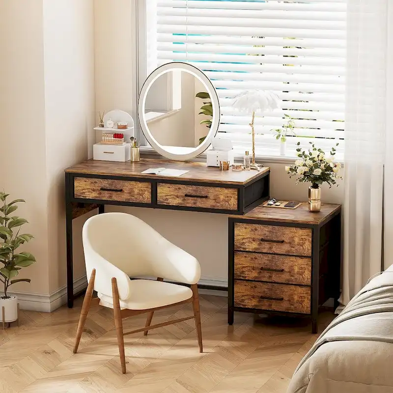 55 Computer Desk with 5 Fabric Drawers,Home Office Desk with Power Outlets  Printer Stand