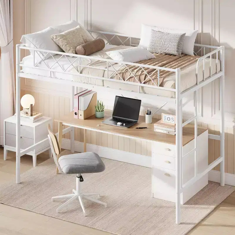 Twin Over Full Heavy Duty Metal Bunk Bed, Sturdy Quiet Construction with Ladder & Guardrails, Space-Saving Design, No Box Spring Required