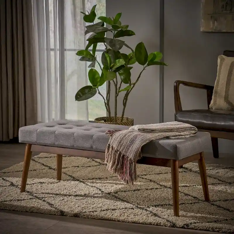 Grey / Coral / Blue Button Tufted Fabric Ottoman Bench, Single Seat
