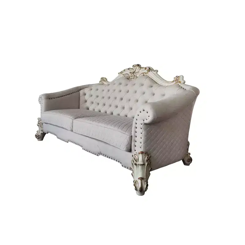 89" Vendome II Sofa: Traditional Off-White Upholstered with Tufted Nailhead Trim, Antique Finish, 3 Accent Pillows