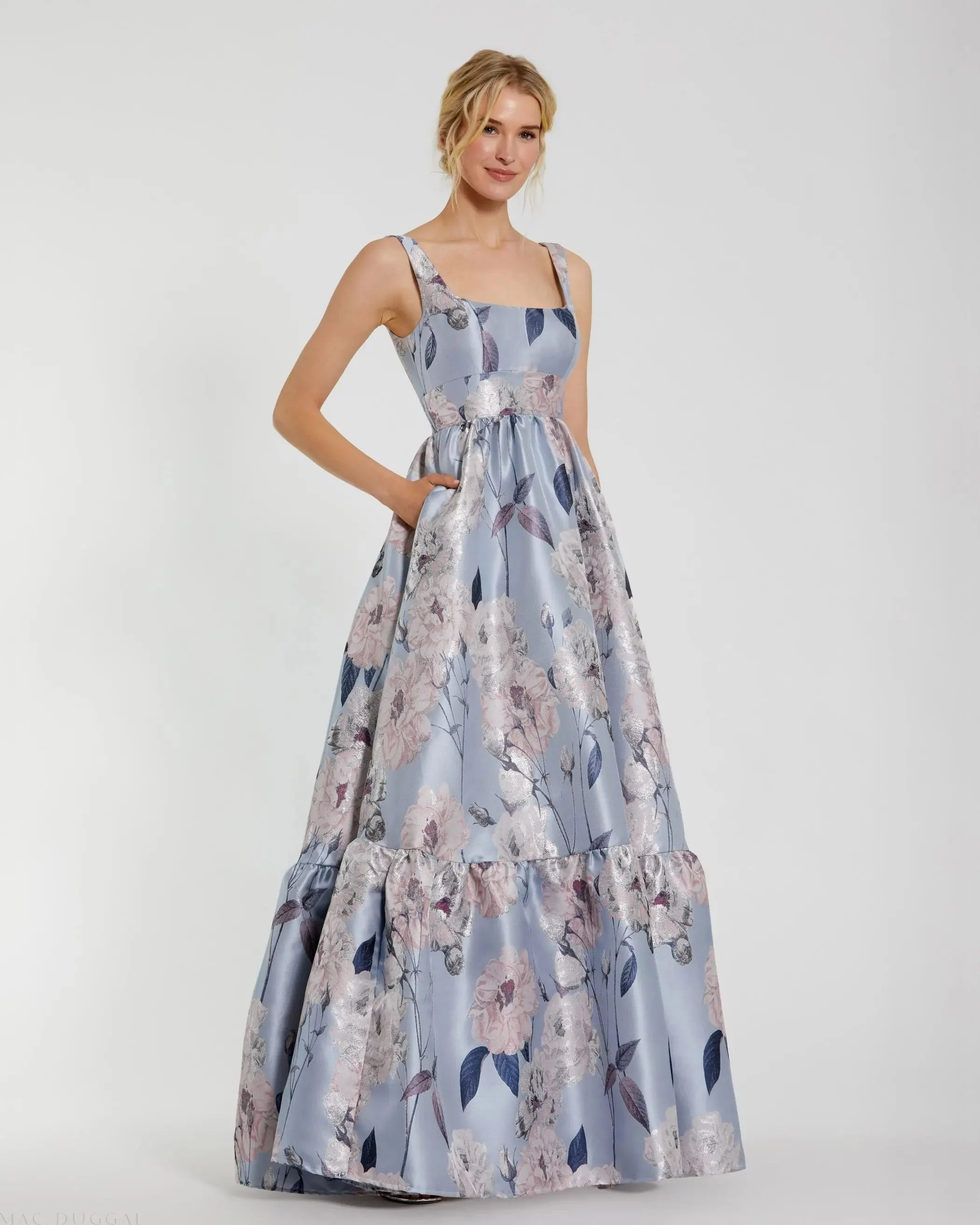 Blue Floral Printed Satin Gown with Pockets
