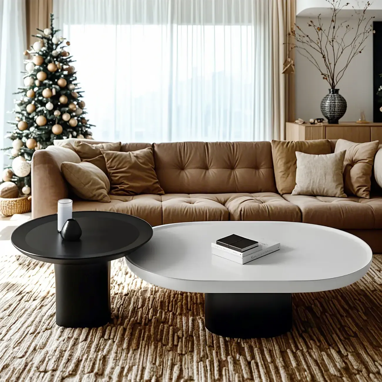 Modern Oval White Wood Coffee Table with Pedestal Base