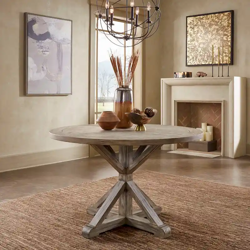 Antique Grey Round Dining Table – Rustic Pedestal Style, Seats 4–8