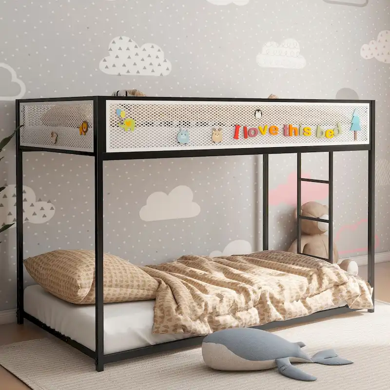 Black Twin-over-Twin Bunk Bed with White Mesh Guard Rail, Sleeps 2