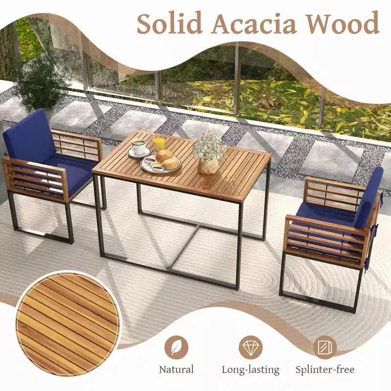 Costway 3 PCS Patio Dining Table Set with Bistro Chairs Large Coffee Table Seat Cushions
