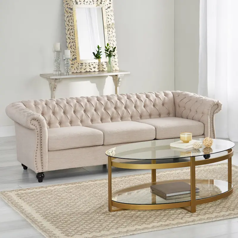 3-Seat Chesterfield Sofa, Button-Tufted, Scrolled Arms, Nailhead Trim, Low Back, Beige, 3-Person Use