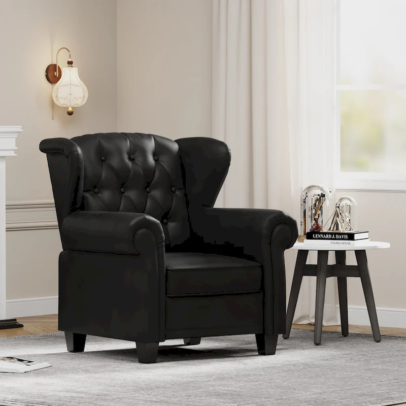 Modern Tufted Push Back Armchair Technical Leather Wingback Chair, Adjustable Single Sofa Chair with Sturdy Wood Legs