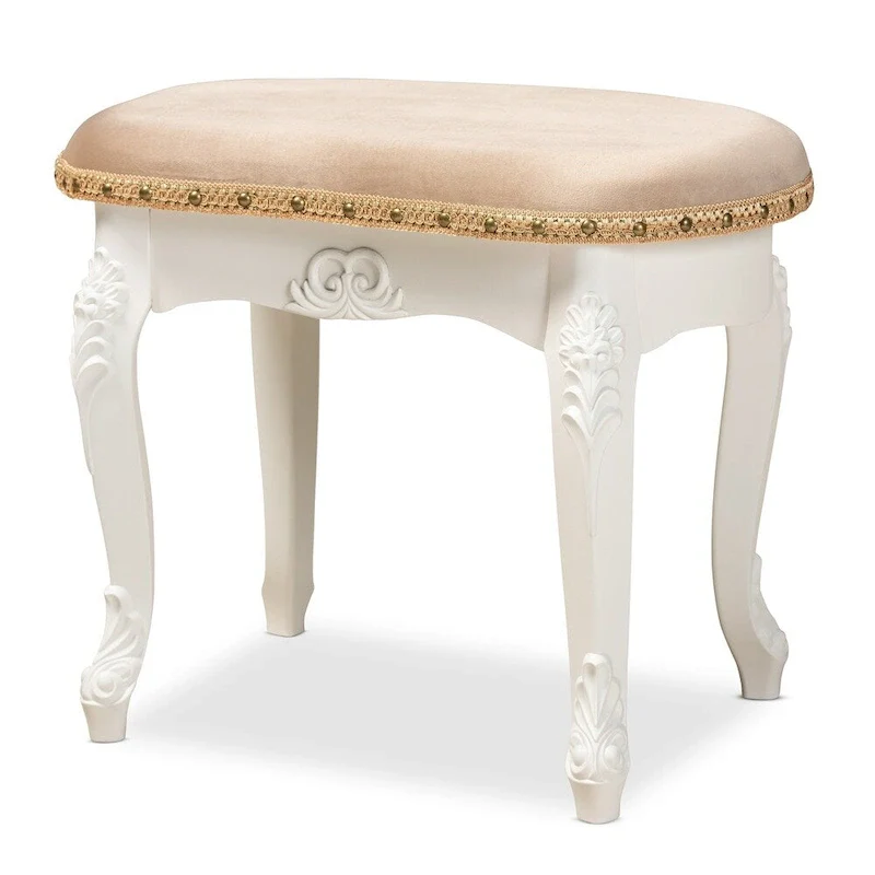 Vanity Ottoman, French Provincial Style, Velvet Polyester Upholstery, Foam Padding, Brass Nailhead Trim, Floral Embellishments, Backless, Sand / White / Gold, 1-Person Use