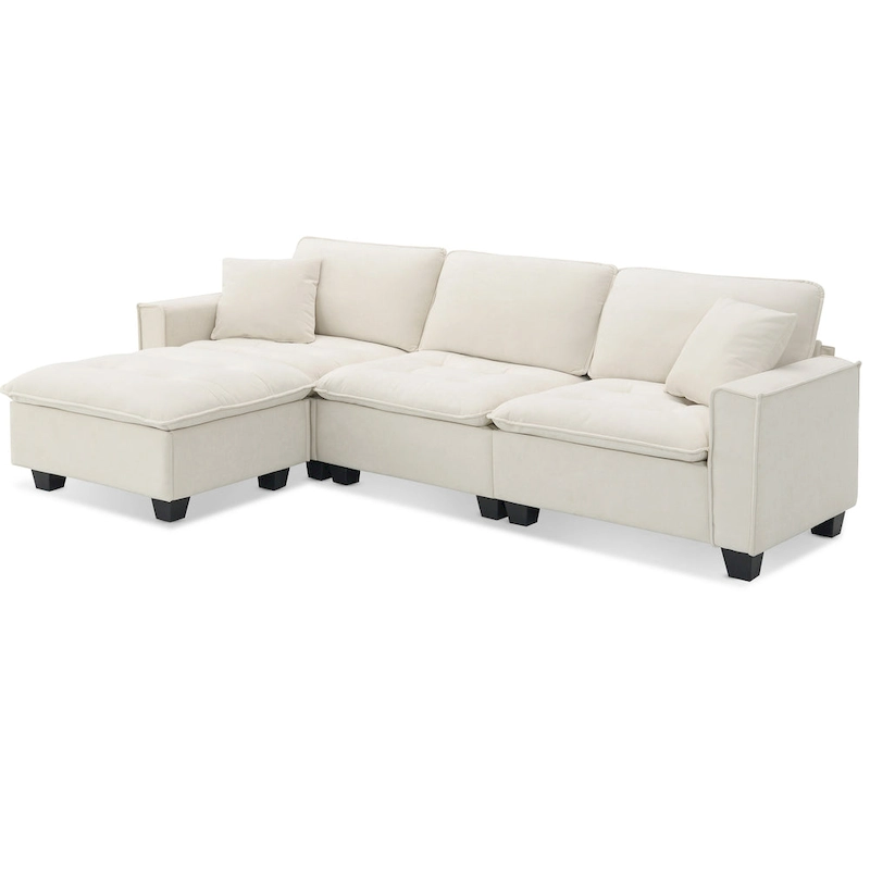 100 L-Shaped Convertible 4 Seater Sectional Sofa with Removable Ottoman and Matching Pillows, Suede Velvet Upholstery