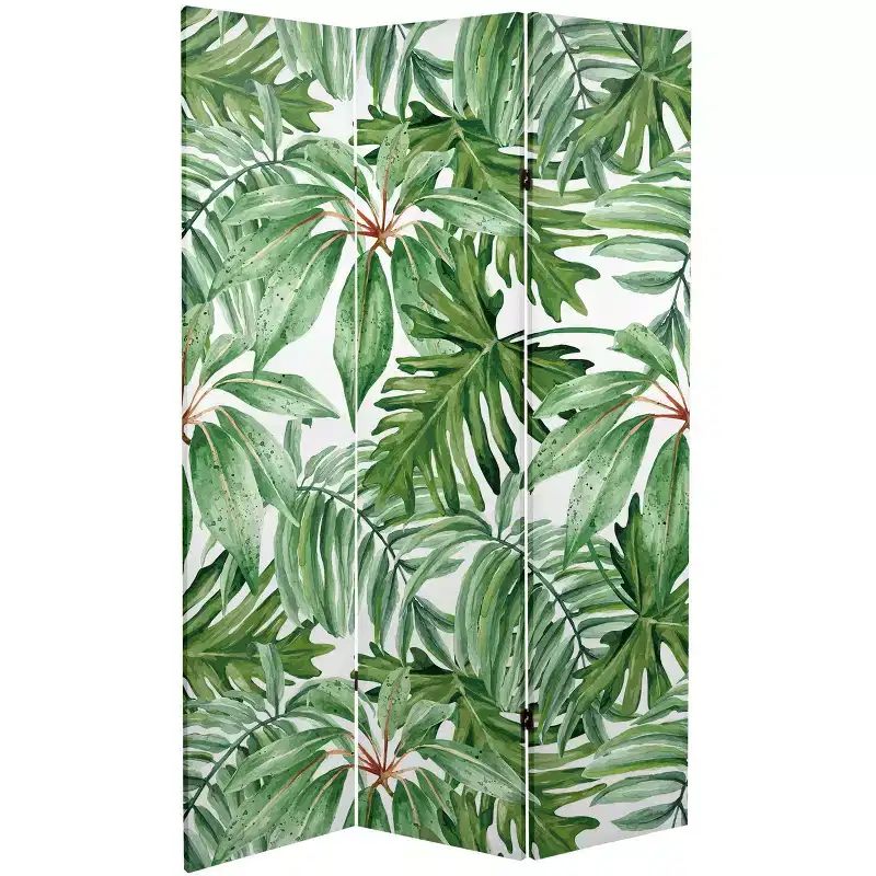 6" Double Sided Palm Leaves Canvas Room Divider Green - Oriental Furniture: Spruce Wood Frame, No Assembly Required