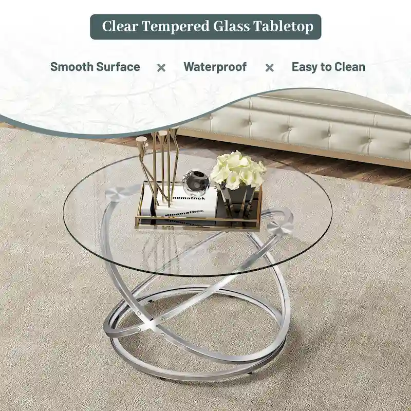 Myhozm Accent Round Glass/Stone Top Coffee Table with Metal Base
