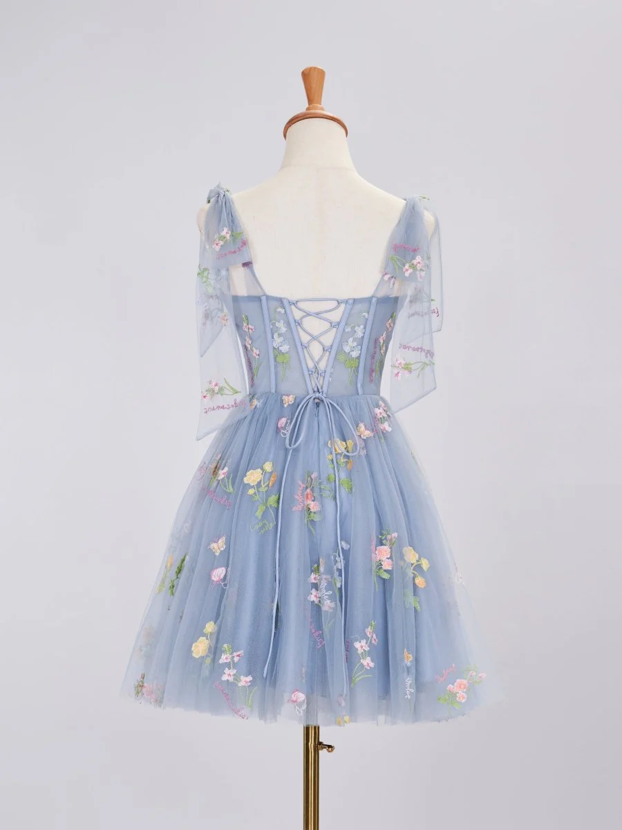 Trendy A Line Spaghetti Straps Short Homecoming Dress with Embroidery