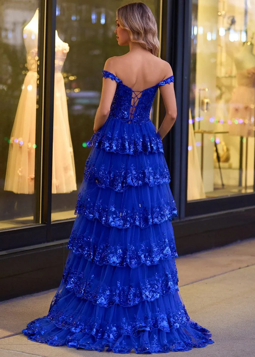 A-Line Lace Off-the-Shoulder Tiered Long Prom Dress with Slit