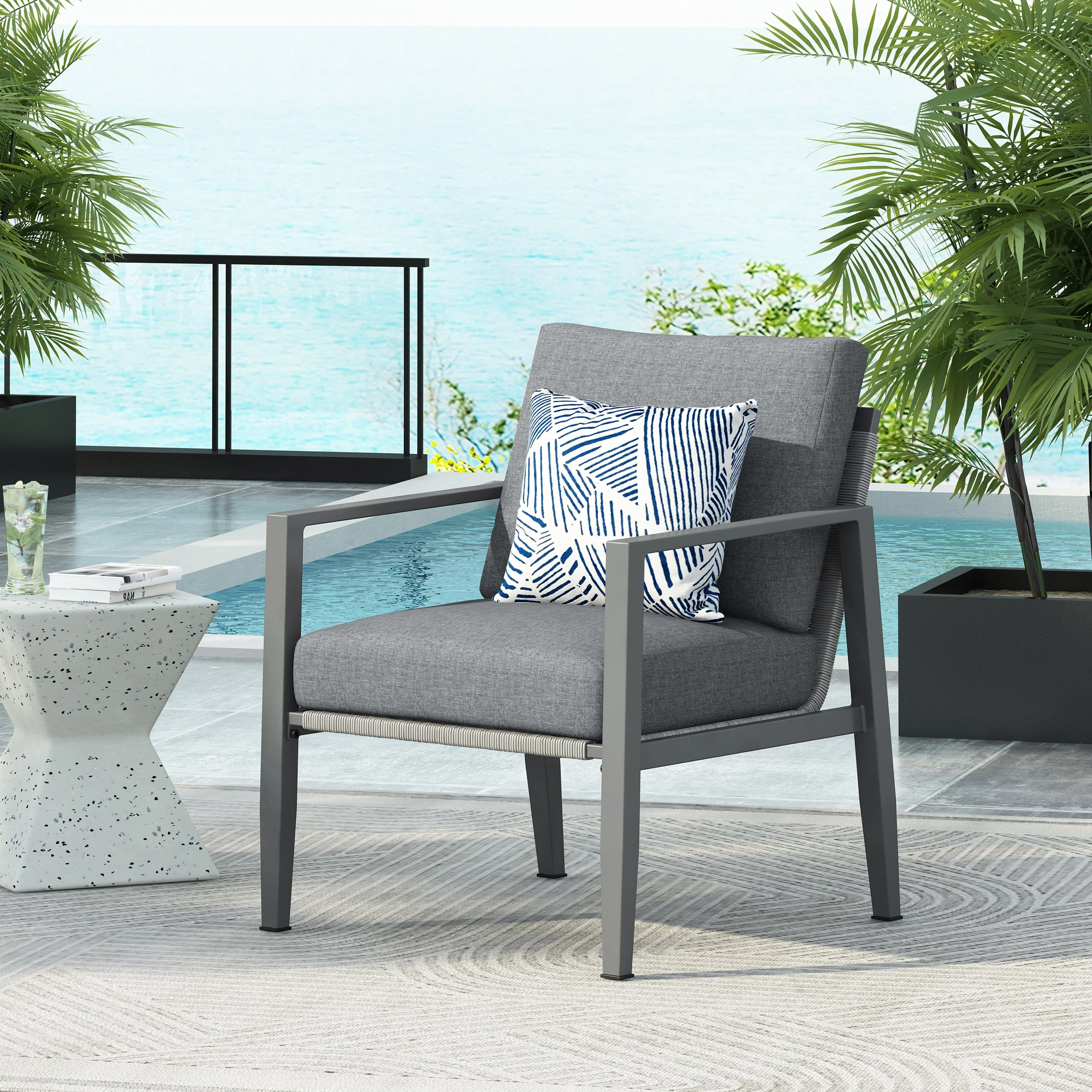 Outdoor Contemporary Gray Rope Accent Chair Club Chair, Aluminum