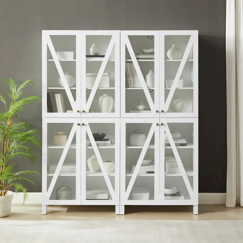 White Farmhouse Storage Pantry Cabinet Set with Glass Doors, 2-Piece
