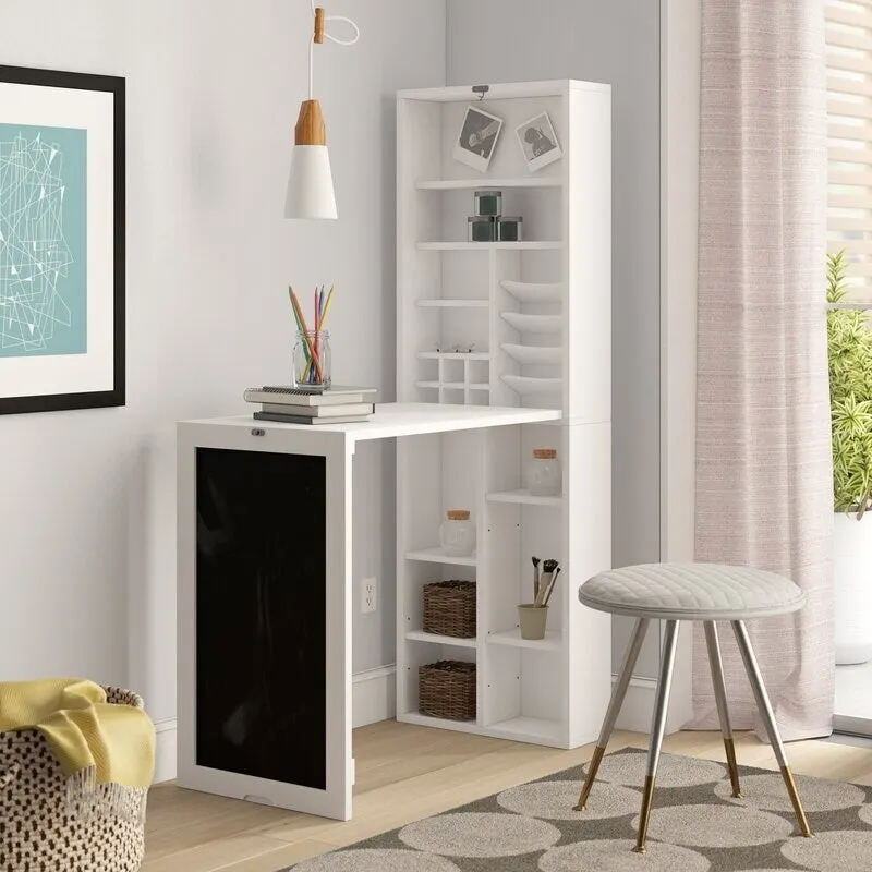 White Laminated MDF Fold-Down Wall-Mount Desk with Chalkboard Front, Storage Cabinet and Bottom Shelves – 1-Person