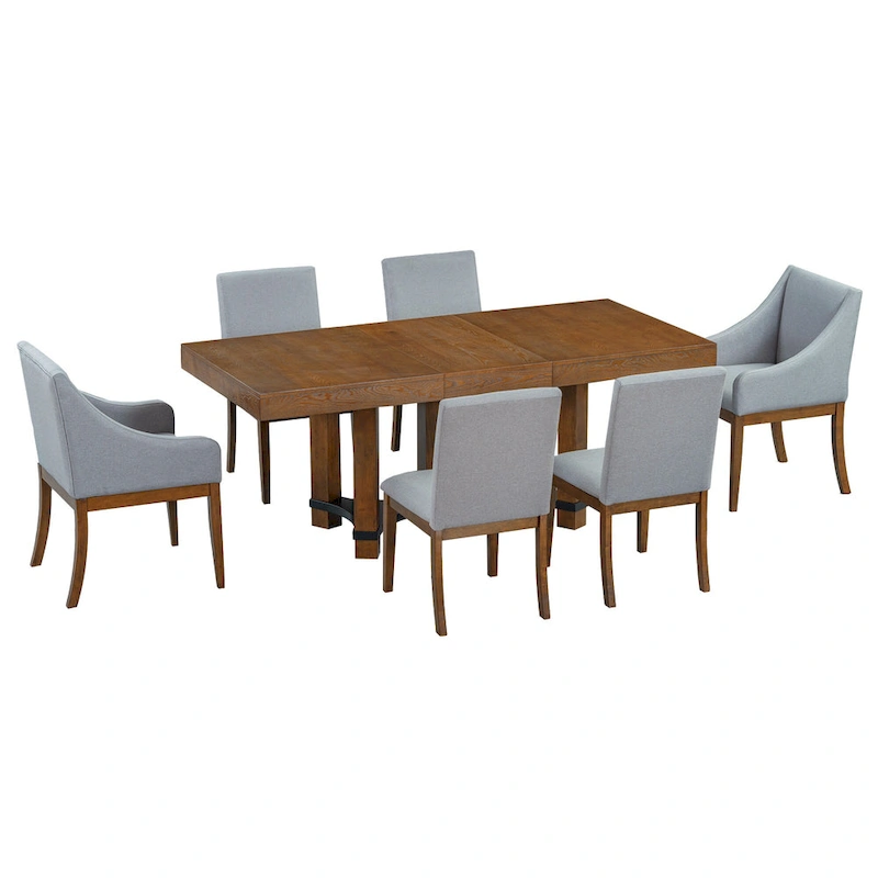 Rustic Style 7-Piece Extendable Dining Table Set with Removable Leaf, 2 Arm Chairs and 4 Armless Chairs