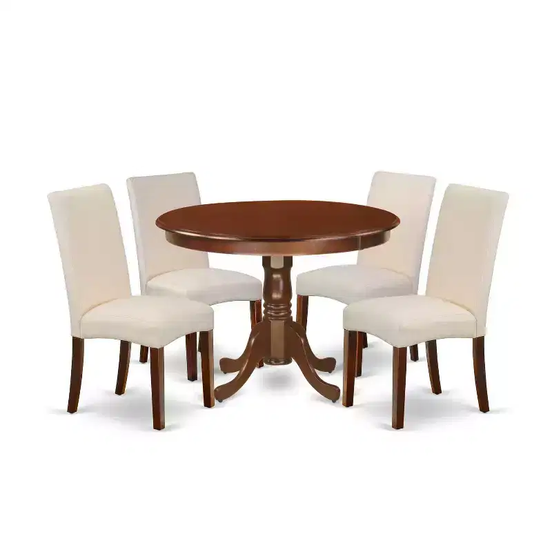 Round Dinette Set 5Pc - 42 Inch Table & 4 Parsons Chairs - Cream Linen Fabric - Mahogany Legs - Home Dining Room