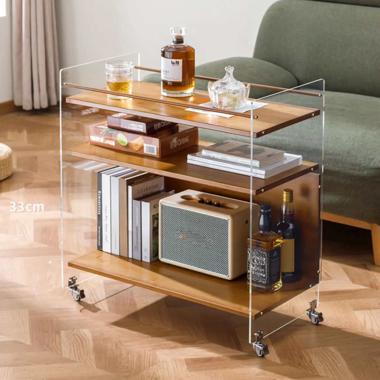 Trendy Moso Bamboo Acrylic 3-Shelf Side Table with Wheels