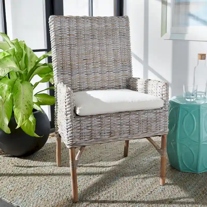 Natural/White & Grey White Wash Coastal Rattan Accent Chair with Cushion, Single Seat