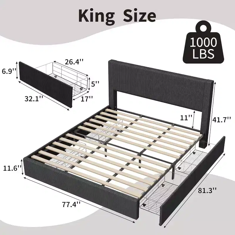 Black / Brown / Off White Corduroy Wingback Bed Frame with 4 Storage Drawers – Full, 2-Person