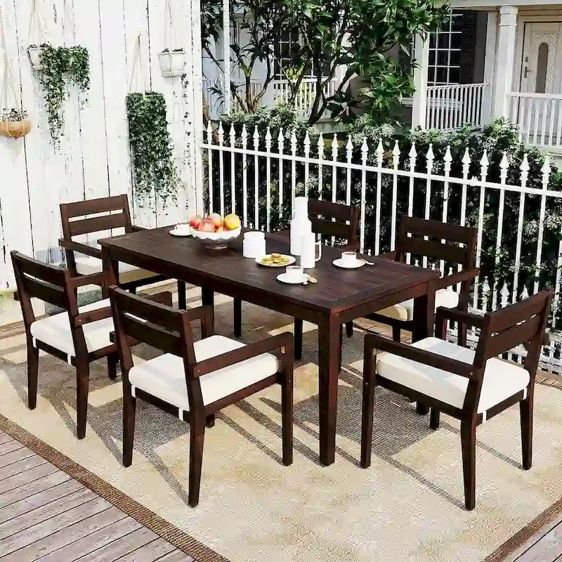 7 Patio Dining Set, Acacia Wood Rectangular Outdoor Dining Table with Chairs