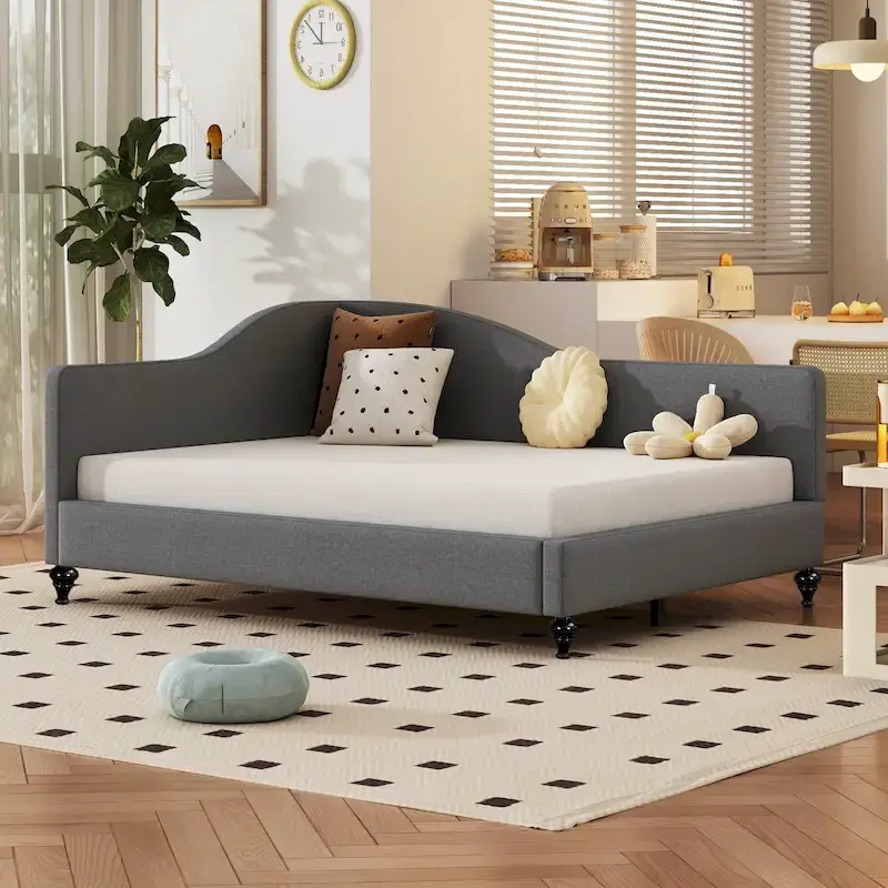 Beige L-Shaped Daybed with Wood Legs - Full
