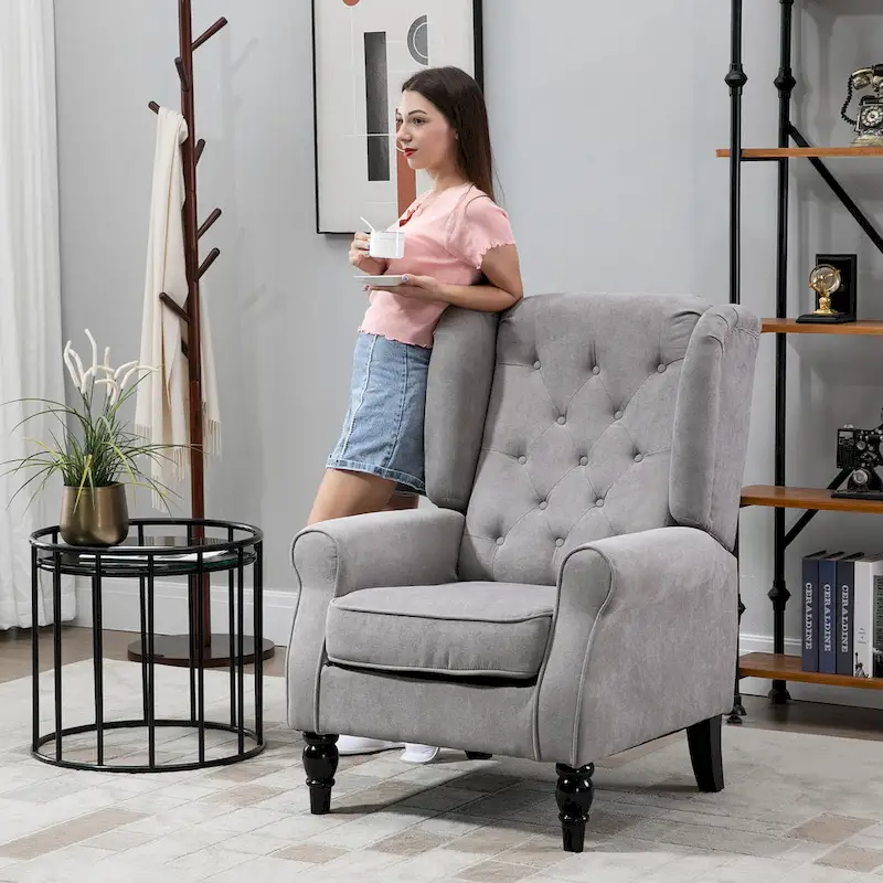 Button-Tufted Accent Chair with High Wingback, Rounded Cushioned Armrests and Thick Padded Seat, Grey