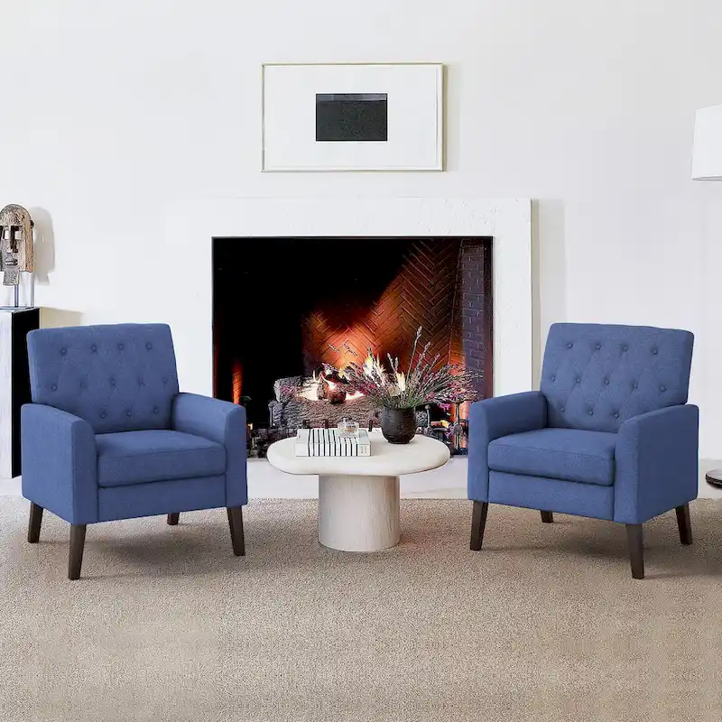 Linen and Walnut Legs Mid Century Modern Button Tufted Accent Chair (Set of 2) - 33.86 H X 27.95 W X 29.53 D