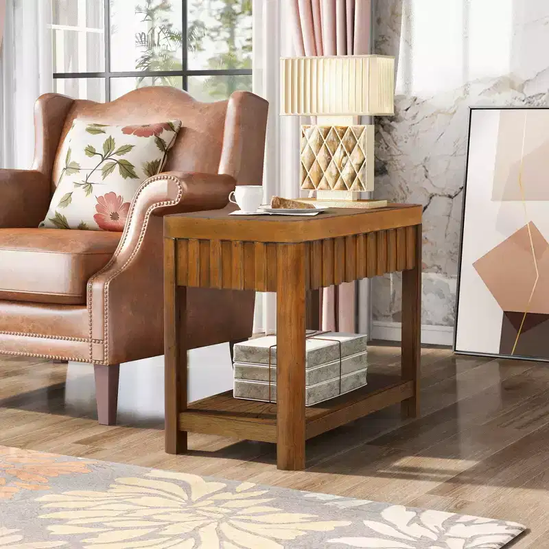 Okak Farmhouse Rectangular End Table with Bottom Storage Shelf, Wooden Side Table with Thick Tabletop, Small Table for Living Room, Office, Walnut