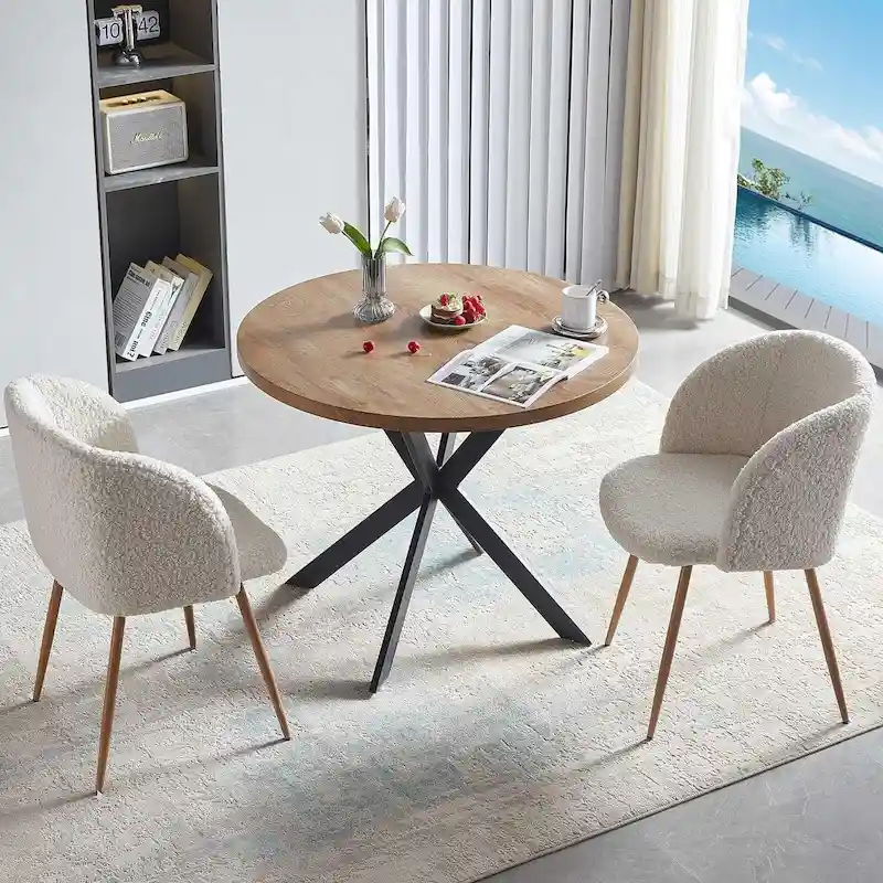 Round Dining Table Set with Sherpa Arm Chairs, Space Saving