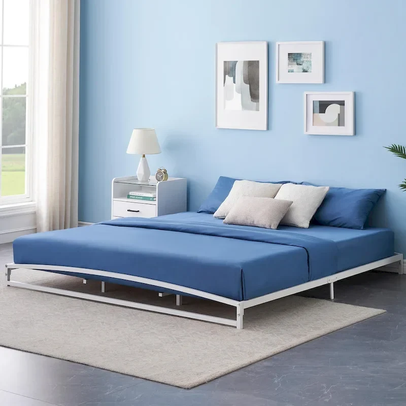 White Low Profile Metal Platform Bed Frame with Arch Design - Fits 2 People
