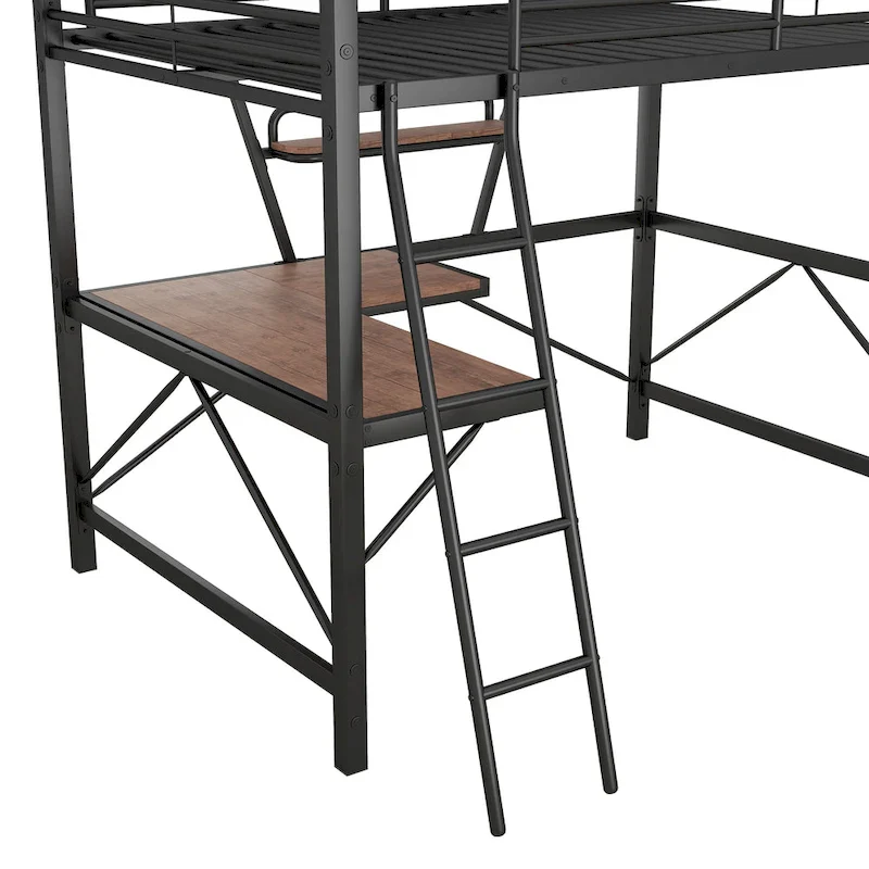 Metal Loft Bed with Desk and Guardrail