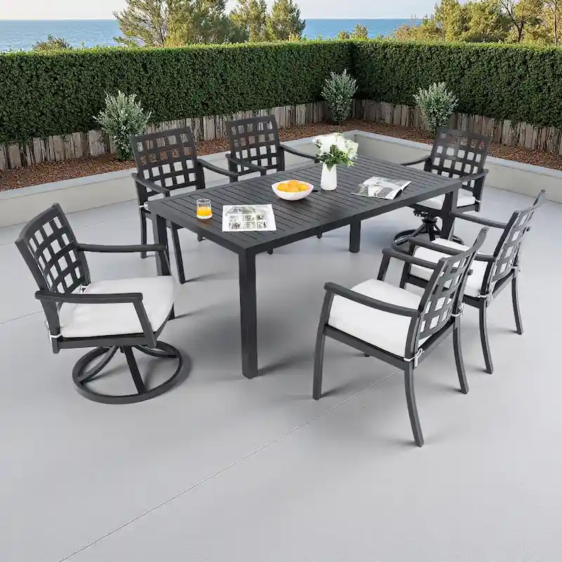 7-Piece Outdoor Patio Aluminum Dining Set with 67  Rectangular Table, 2 Swivel Rocker & 4 Armchairs, and Umbrella Hole