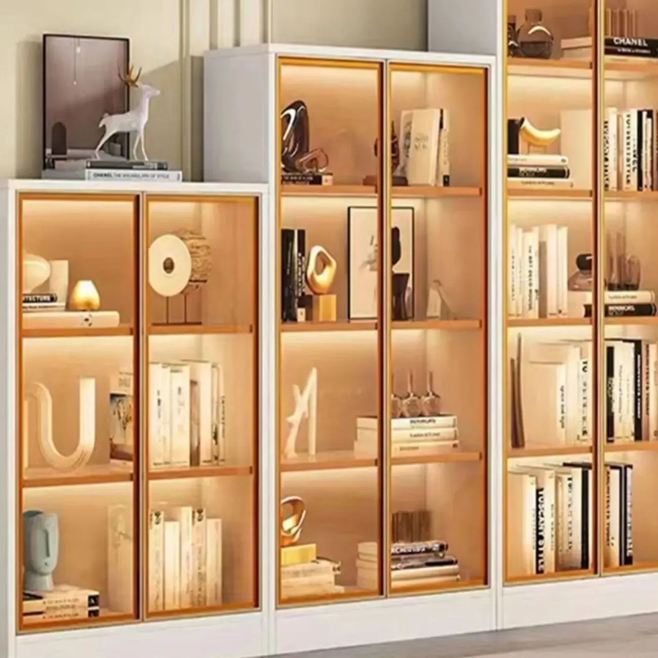 Modern Wooden Glass Door Bookcase with Drawers Storage