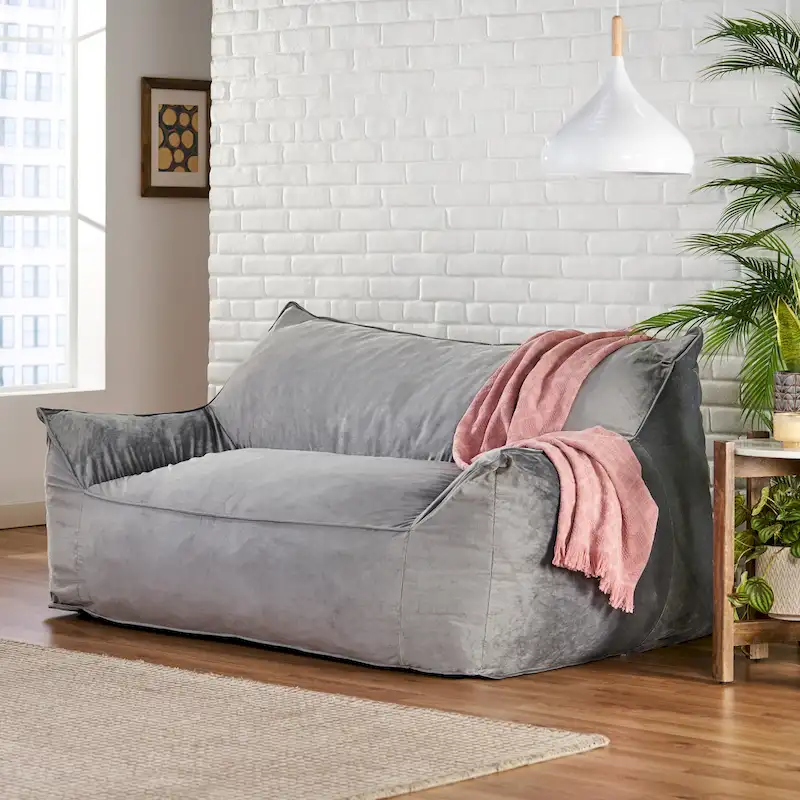 Gray/Taupe/Pink/Blue Velveteen Bean Bag Chair with Armrests, 2-Seater