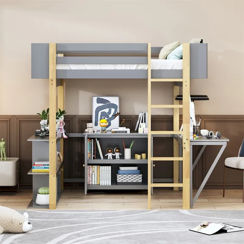 Grey/White Two-Tone Loft Bed with Storage Cabinet & Foldable Desk – Full/Twin, 1-Person