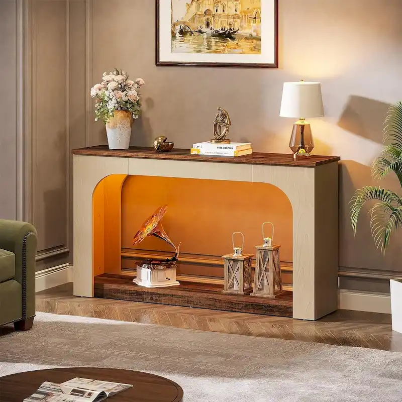 55 Inches Console Sofa Table Wood Entryway Table with LED Lights
