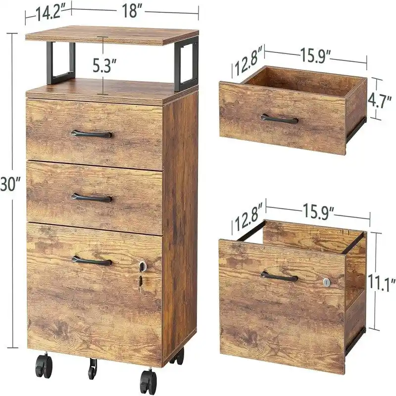 Black / White / Rustic Brown 3-Drawer Rolling Filing Cabinet with Lock – Single