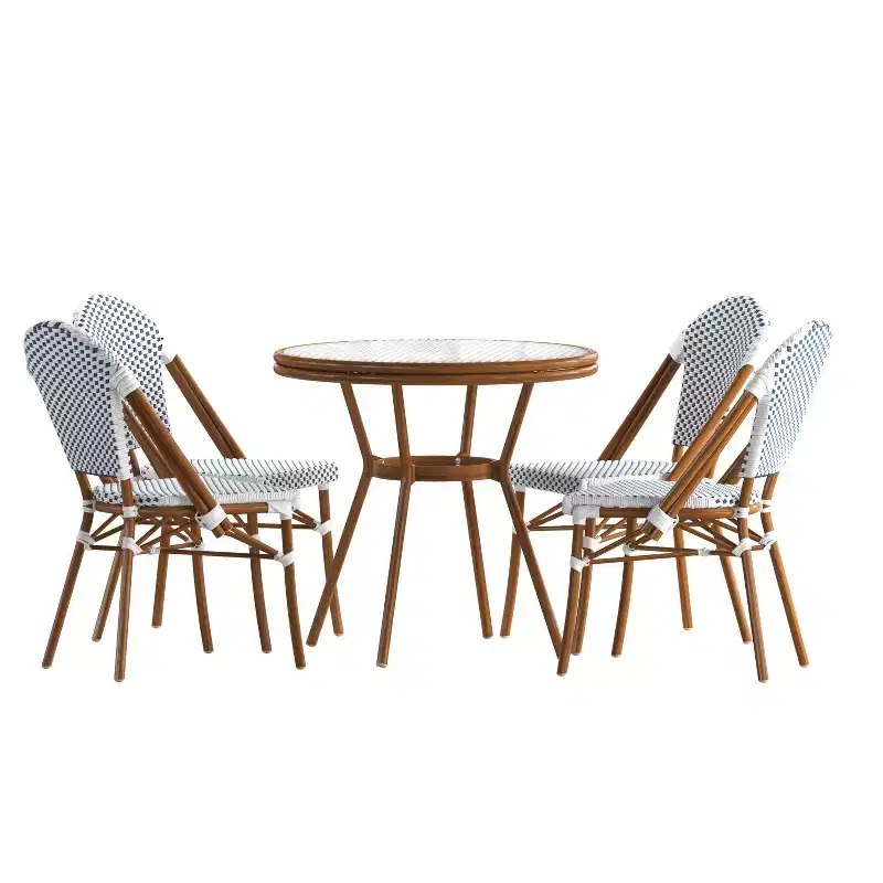 Emma & Oliver Colmar Indoor/Outdoor Bistro Style 31.5 in. Table with PE Rattan, Glass Top, and Four Chairs - Metal Frame