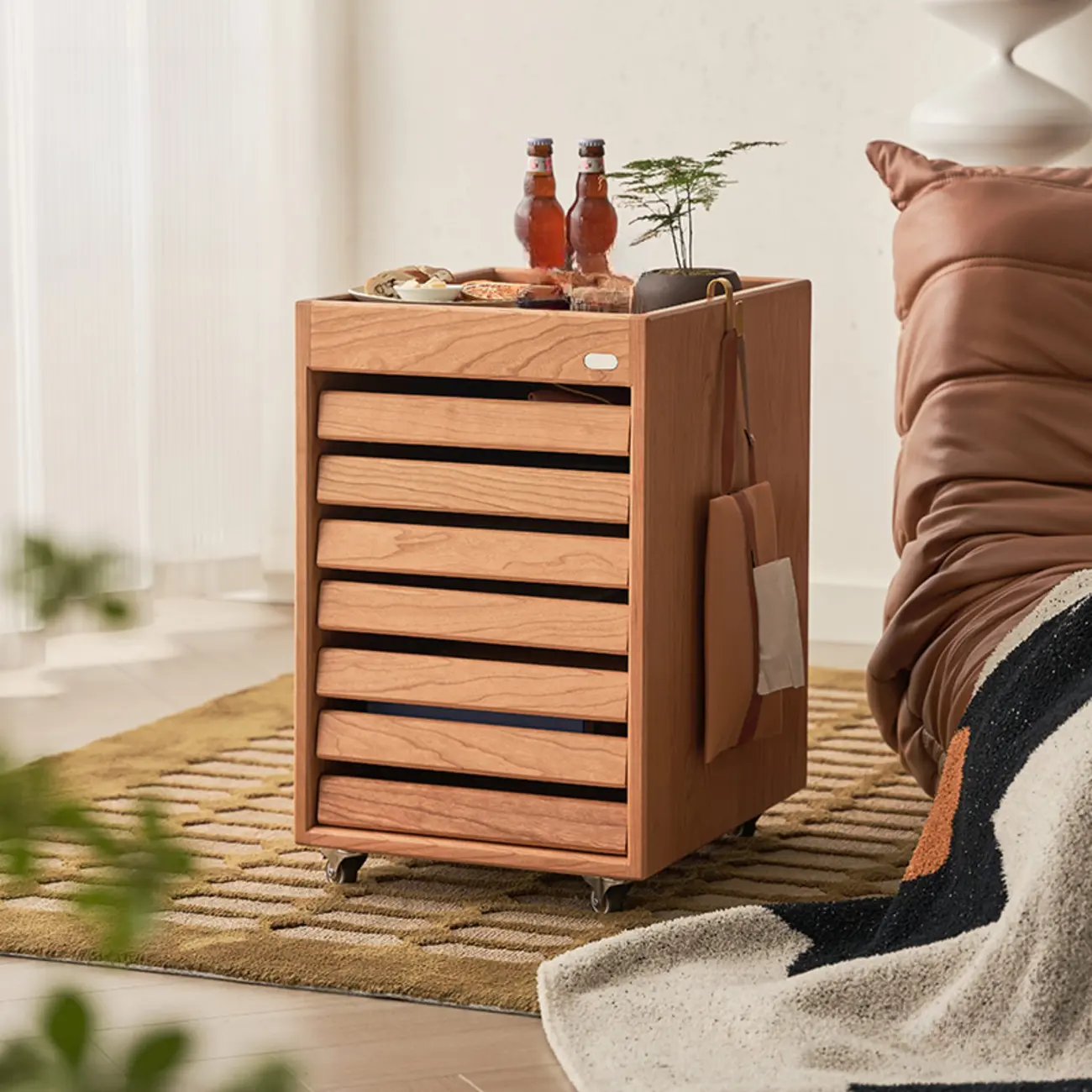 Modern Cherry Wood Rolling Side Table with Drawers
