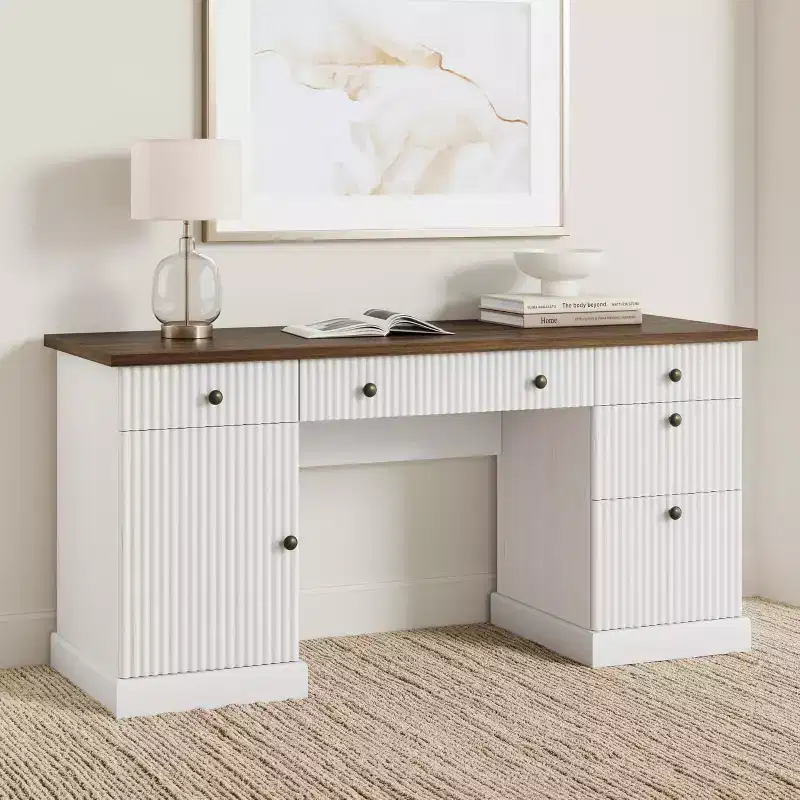 60 Fluted Modern Office Desk with Storage  Charging Station, Drawers for Files, Writing Desk for Study, Living Room