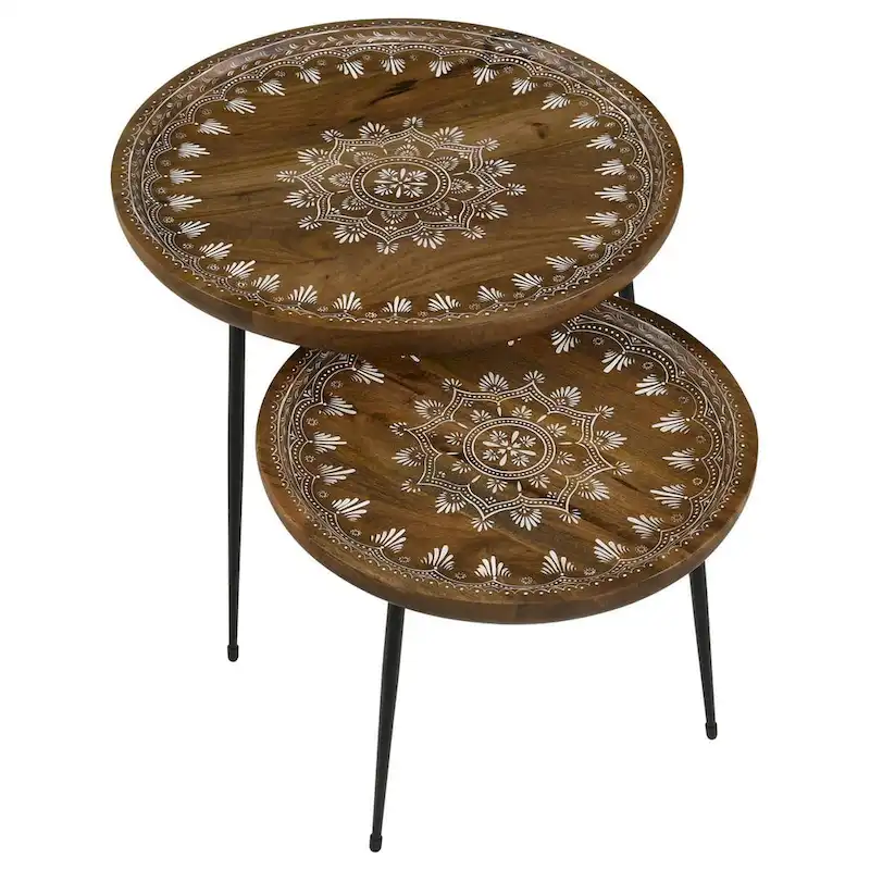 2 Piece Round Nesting Tray Top Table Set, Carved Edges, Motif Design, Brown