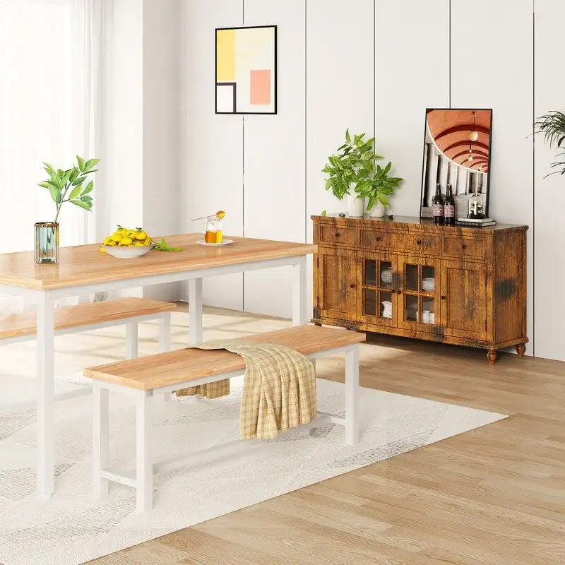 Rustic Brown Industrial Dining Benches - Set of 2