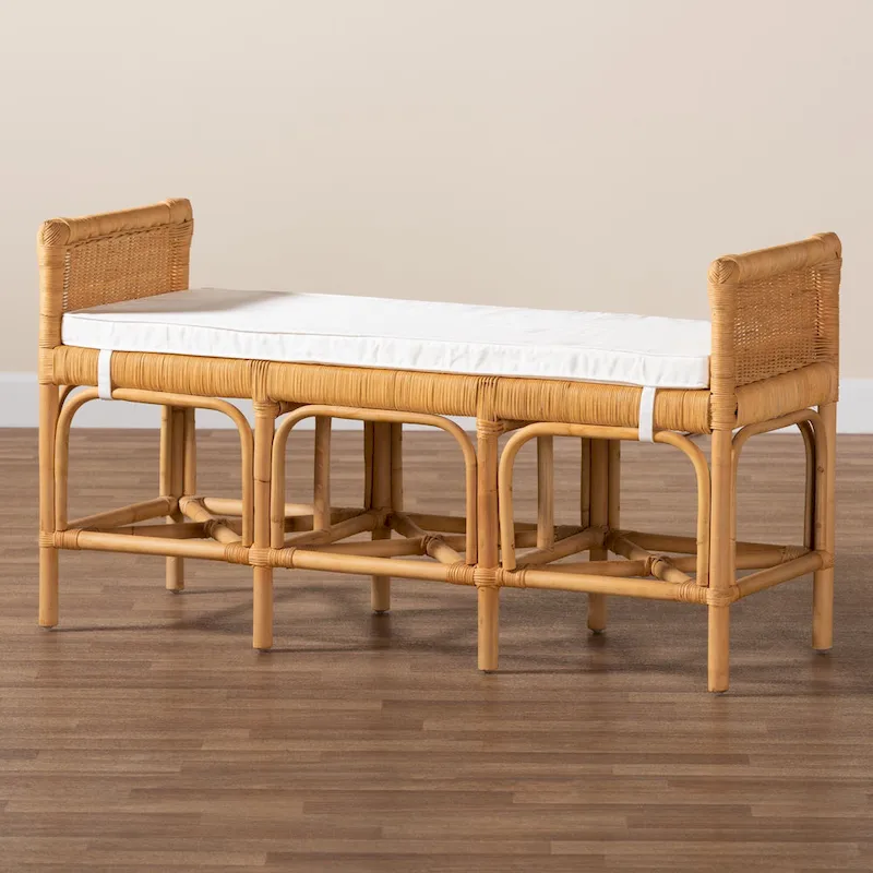 Modern Bohemian Natural Brown Rattan Bench – Handcrafted Boho Entryway Seat